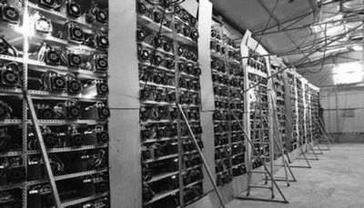 A sprawling mining farm with rows upon rows of powerful mining rigs churning away, secured in a professional data center.